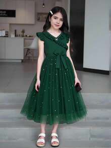 SHEIN Tween Girl Ruffle Trim Star Print Mesh Dress,Holiday,Summer,Travel Summer Holiday