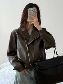 DAZY Áo khoác cardigan dáng rộng ngắn ve áo cho nữ, thiết kế phía trước bất đối xứng, áo khoác da PU thường ngày mùa đông - màu nâu - Xem 5