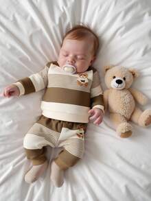 SHEIN Autumn New Arrival Newborn Baby Striped Contrast Color Top, Cute Bear Embroidery Soft & Comfy Shoulder Button Casual Baby Clothes Fall Winter
