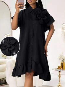 SHEIN Lady Đầm ngắn dáng rộng họa tiết hoa ba chiều màu trơn thanh lịch, thoải mái khi đi làm, dự tiệc cho nữ - màu đen - Xem 9