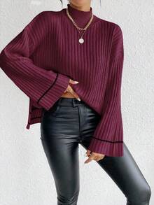 EMERY ROSE Suéter holgado de cuello alto, de manga larga y hombros caídos, de estilo informal para mujer, para otoño - Burdeos - Ver 6