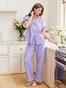 Ruffle Trim Pocket Patched PJ Set / Pajama Set - Purple - View 6