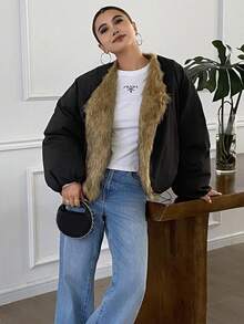 Livesso Women's Fur Collar Patchwork Long Sleeve Open Front Loose Winter Jacket Vest - Black - View 6