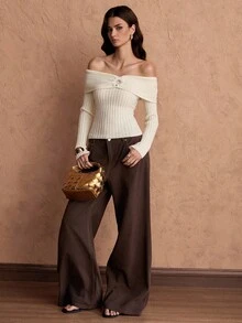 Rafferiza Elegant Off Shoulder Fitted Solid Color Sweater, Suitable For Commuting - Beige - View 4