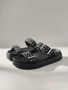 Solecia 女士时尚黑色厚底沙滩度假平底拖鞋 - 黑色 - 查看 2