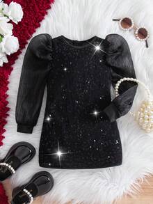 Robe noire élégante à manches longues en maille pailletée pour bébé fille, robe pailletée noire pour bébé fille, robe de soirée noire pailletée pour bébé fille - Noir - Voir 8