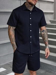 Manfinity Homme 男士几何纹理短袖衬衫和短裤休闲西装，夏季 - 藏蓝色 - 查看 3
