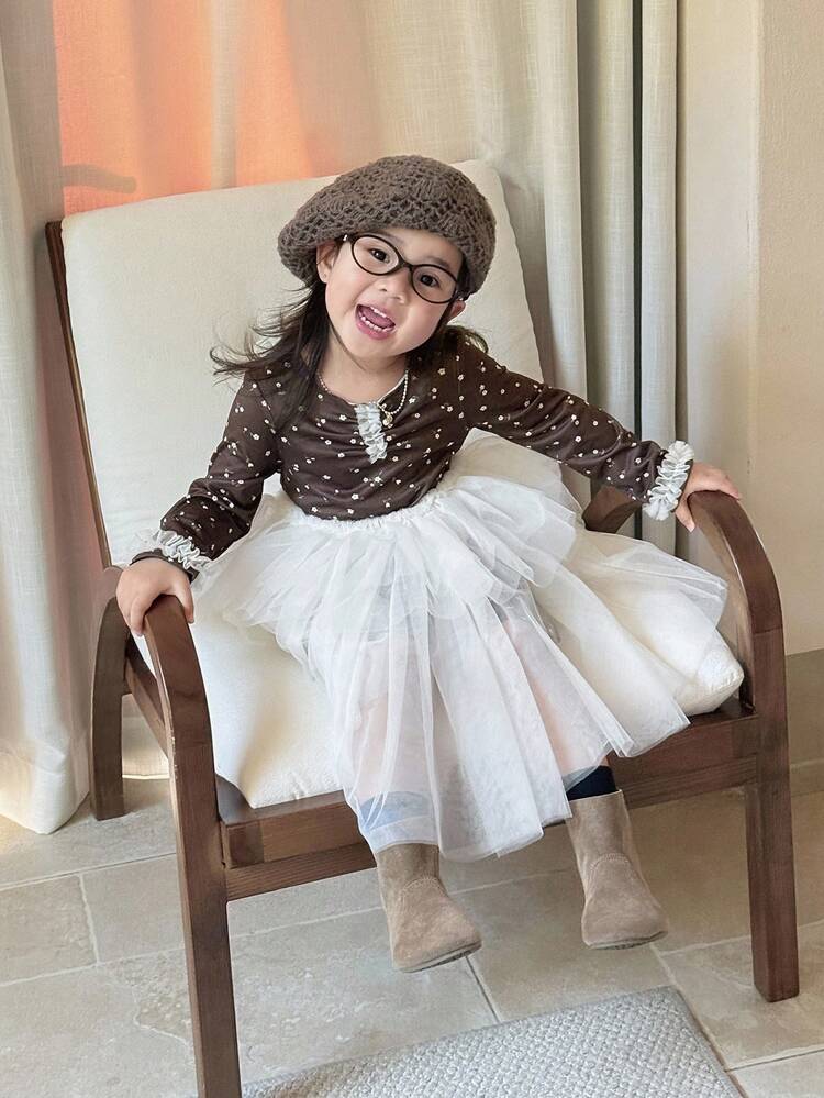 Baby Girls' Floral All-Over Print Long Sleeve Mesh Patchwork Midi Dress, Casual Fall,Winter Toddler Girls Clothes