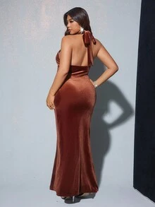 Viva Relle 2025年大码女式派对夜店音乐节性感开衩露背系带金属扣装饰褶饰时尚纯色连衣裙 - 棕色 - 查看 2