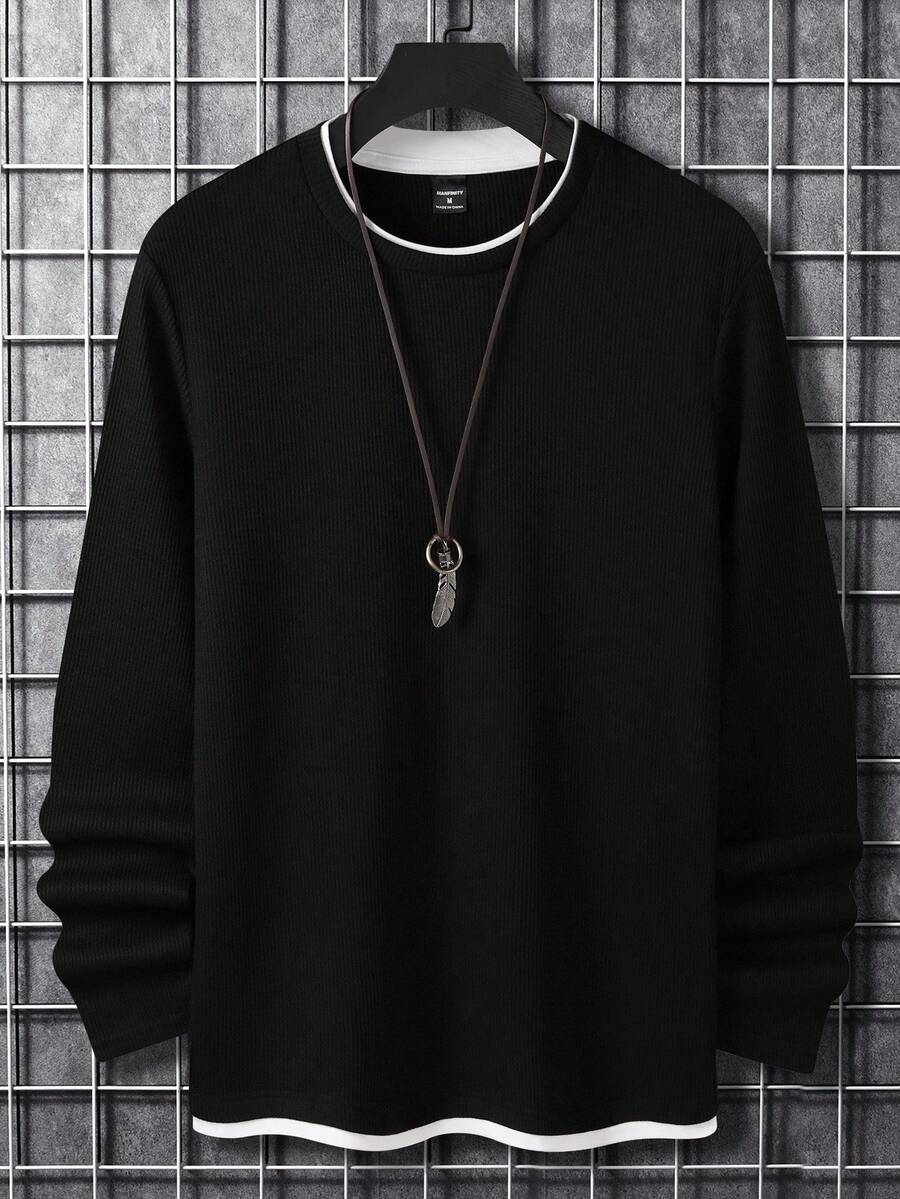 Manfinity Homme 男士纯色华夫格针织二合一 T 恤，男士长袖上衣，秋季 - 黑色 - 查看 1