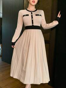 DAZY Women's Elegant Colorblock Round Neck Sweater Dress, Autumn