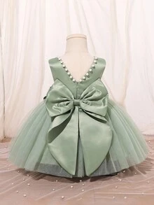 SHEIN Glamorique Kids Christmas Princess Girls Dress, Ball Gown Party Dress For Flower Girl, Pageant, Party, Wedding, Green Tulle Dress With White Beaded V-Back Big Bow Princess Dress Fall Winter