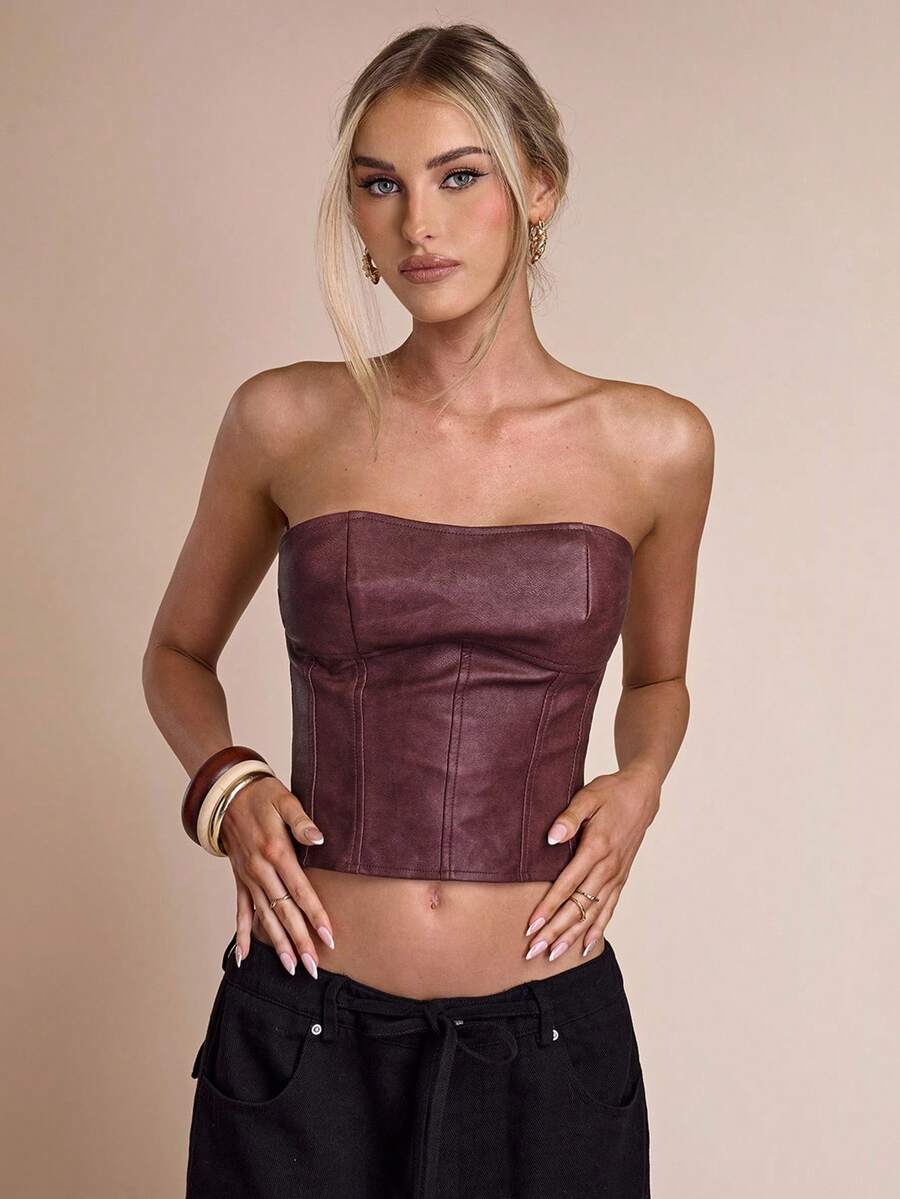 SHEIN BAE Áo Bandeau ôm sát màu trơn thời trang gợi cảm dành cho nữ - Màu Khaki - Xem 1