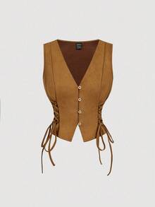 SHEIN MOD 女士复古绒面交叉带背心 - 卡其色 - 查看 2