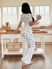 SHEIN Women's Casual Heart Print Square Neck Tight Top And Flare Pants Pajama Set Cute Lounge Set Women Pajama Set Heart Pajama Set Summer Lounge Sets For Women Two Pieces Sleepwear Set - Multicolor - View 2