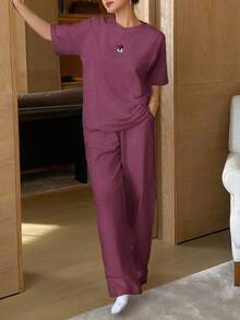 DAZY Cute Cartoon Print Raglan Sleeve Loose Pajama Set - Red Violet - View 3