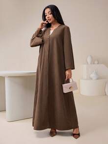 Al Najma 宽松纯色长袖女式阿拉伯长袍，3D金属装饰，休闲 - 咖啡棕 - 查看 4