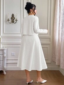 Roveilla Plus Size Women Tweed Vest Dress & Jacket 2 Pieces Set - White - View 2
