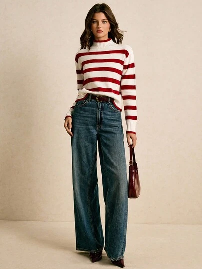 Poéselle Suéter casual de mujer con cuello alto, bloques de color y rayas, para otoño/invierno