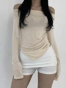 DAZY 纯色露肩不对称领口褶皱 T 恤，返校服长袖女上衣，秋季女装 - 杏色 - 查看 3