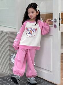 DAZY Young Girls Round Neck Knit Fleece Printed Raglan Sleeve Sweatshirt Set, Fall,Winter - Pink - View 5