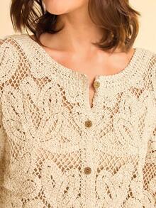 CAJUNI 女式杏色花卉针织开衫，配棕色椰子纽扣，长喇叭袖半透明毛衣 - 杏色 - 查看 5