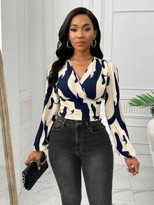 Lyxana Women's Geometric Print Lantern Sleeve Elegant Blouse With Waist Pleats (Random Pattern Cutting)