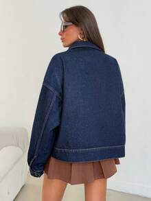 EURMUSE Petite 女款秋季落肩長袖工裝口袋休閒牛仔夾克 2 件式牛仔套裝 短版牛仔夾克 大廓形牛仔夾克 牛仔夾克，適合嬌小女性 - 深色水洗藍 - 查看 2