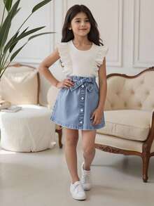 Tween Girl Fashionable Denim Skirt, Elegant & Comfortable Set, School, Campus, College Summer Holiday - White - View 3