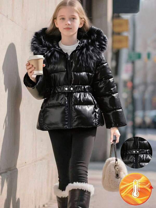 SHEIN Jaqueta estilosa com capuz grosso e cintura ajustada para meninas adolescentes, adequada para uso casual diário no outono/inverno