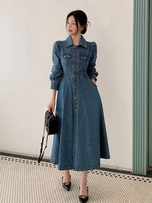 DAZY 女式长袖泡泡袖束腰优雅牛仔连衣裙