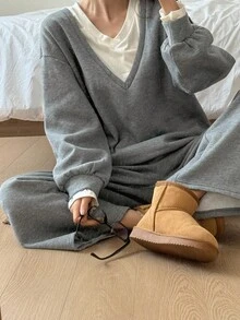 DAZY 女士V领二合一宽松长袖卫衣和直筒裤休闲家居服套装 - 灰色 - 查看 4