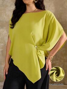 Roveilla 大码女式法式休闲不对称领口短袖衬衫 - 綠色 - 查看 8