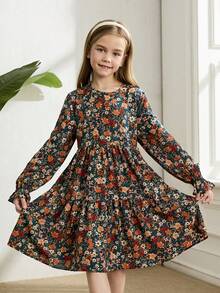 SHEIN Tween Girl Dusty Floral Print Flounce Sleeve Ruffle Hem Dress - Multicolor - View 2