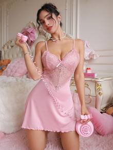 PetitDoll 女式简约纯色性感蕾丝花边吊带睡衣 - 粉色 - 查看 1