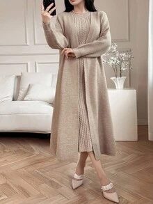 DAZY Women's Elegant Sleeveless Dress & Long Cardigan Two Pieces Set, Autumn - Khaki - View 7