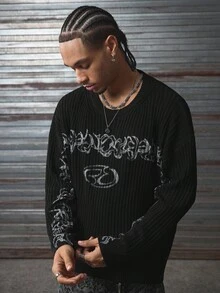 AXEPEAK Men's Casual Loose Fit Letter Pattern Round Neck Drop Shoulder Long Sleeve Sweater, Autumn/Winter - Black - View 3