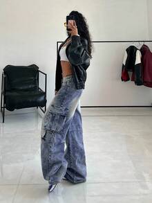 StreetHx Women's Casual Washed Wide Leg Cargo Jeans - Blue - View 7