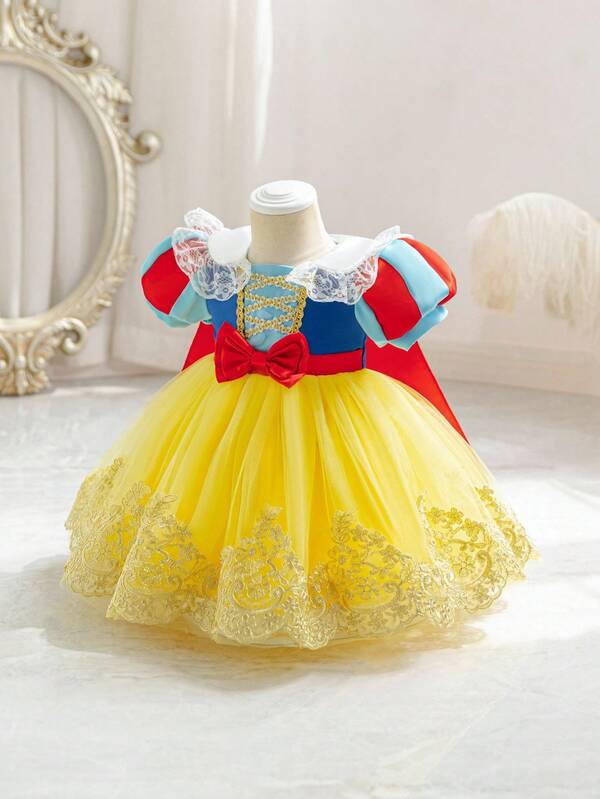 Glamorique Kids Baby Mädchen Weihnachtskleid mit Umhang, Prinzessin Tüll Puffärmel Kleid, gelbes Mesh Blumenspitze Saum Schleife Festliches Kleid, Herbst/Winter Neuankömmling