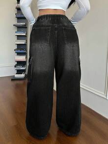 Dripcurv Plus Size Casual Loose Straight Leg Jeans, Blue Jeans Wide Leg Cargo Jeans For Women