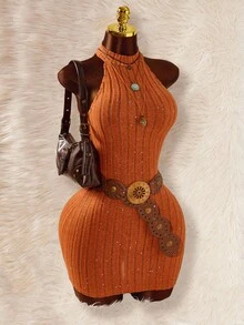 Amplova 女士时尚性感侧开衩露背迷你度假连衣裙 - 橘色 - 查看 1