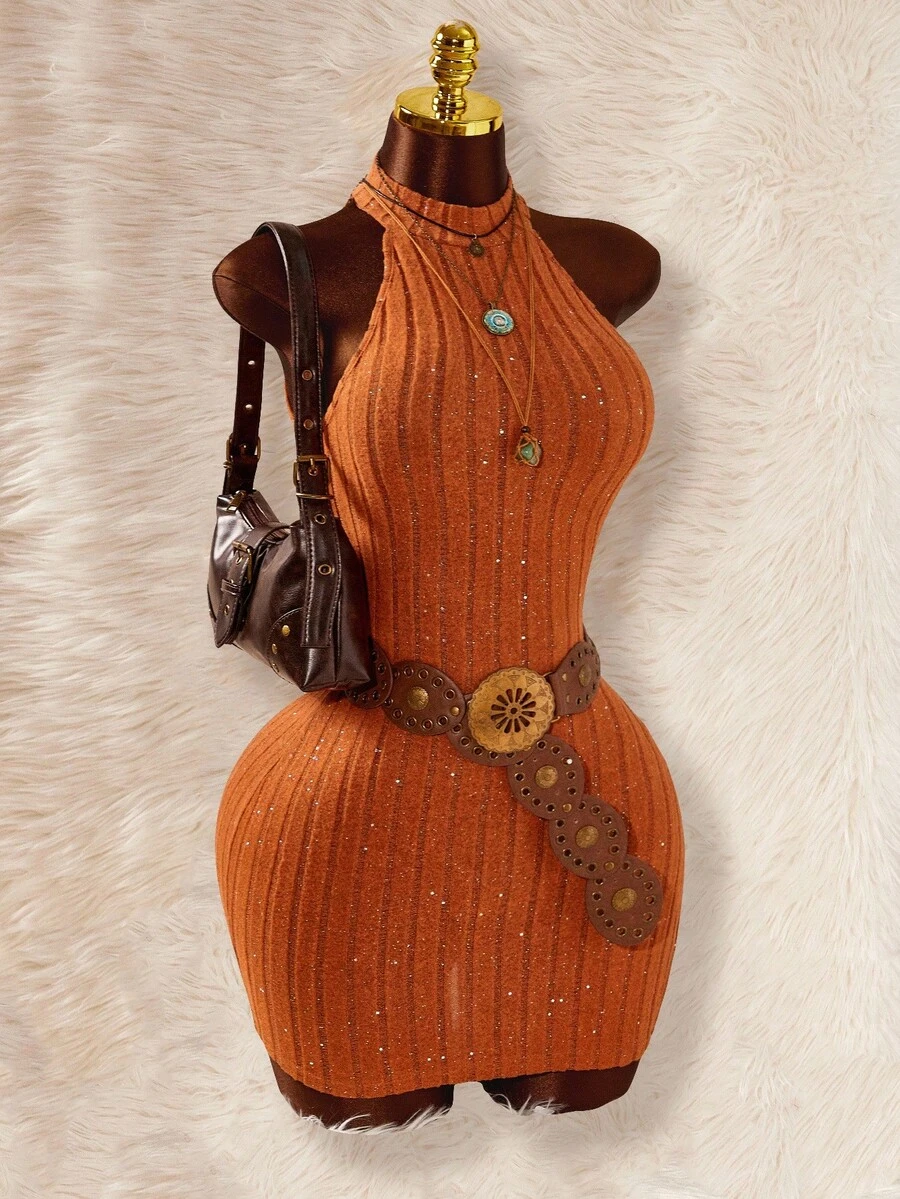 Amplova 女士时尚性感侧开衩露背迷你度假连衣裙 - 橘色 - 查看 1