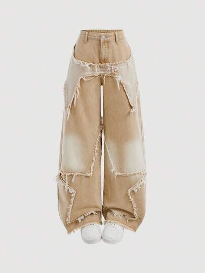 SHEIN Girlism Y2K 少女时尚星形拼接流苏低腰宽松阔腿牛仔裤，毛边斜插口袋，降落伞裤，拼接牛仔裤，宽松裤，阔腿牛仔裤，秋冬宽松牛仔裤