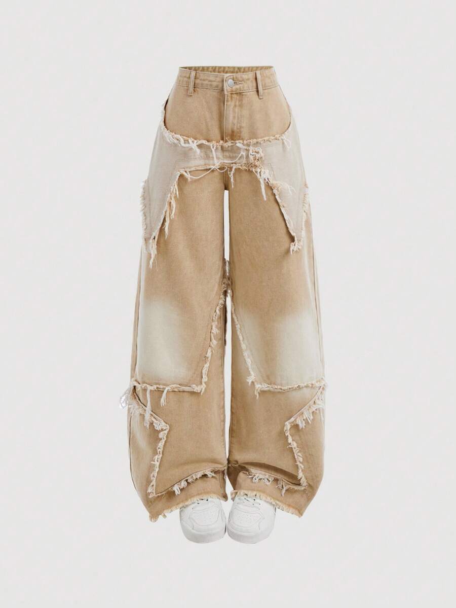 SHEIN Girlism Y2K 少女时尚星形拼接流苏低腰宽松阔腿牛仔裤，毛边斜插口袋，降落伞裤，拼接牛仔裤，宽松裤，阔腿牛仔裤，秋冬宽松牛仔裤