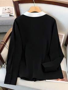 EMERY ROSE 大码女式法式长袖衬衫，初秋专业工作服衬衫 - 黑與白 - 查看 2