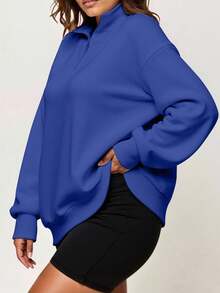 INAWLY Moletom casual plus size com zíper frontal, manga longa e estampa lisa, ideal para formaturas, professoras e para a volta às aulas no outono. - Azul Real - Ver 3