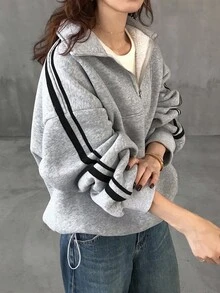 FRIFUL Women's Half-Zip Contrast Color Ribbon Decor Loose Fit Thermal Lined Thick Casual Hoodie