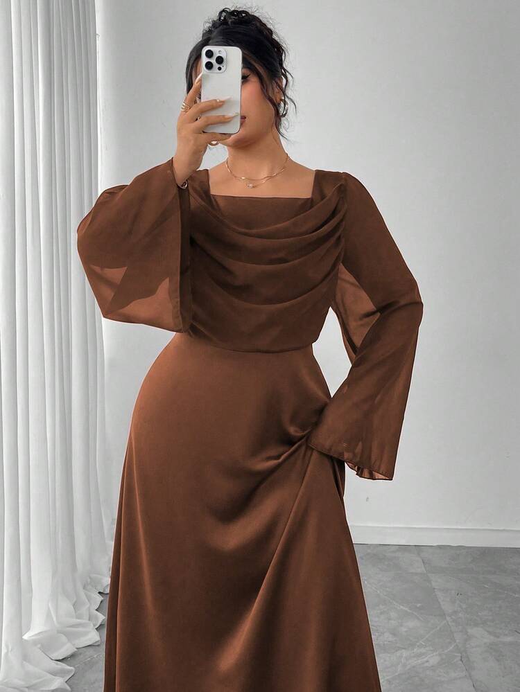 Modelyn Vestido de línea A de manga larga con cintura ceñida y parches de talla grande - Marrón - Ver 1