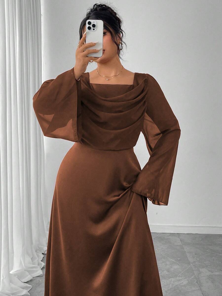 Modelyn Váy chữ A dài tay, thắt eo, chắp vá cỡ lớn - màu nâu - Xem 1