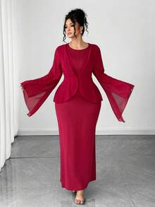 Elenzga Elegantes Kleid in Große Größen für Damen mit rundem Ausschnitt, asymmetrischen Ärmeln, figurbetonter Passform, Chiffon-Patchwork und Schlitz am Rücken - Bordeaux - Übersicht 5